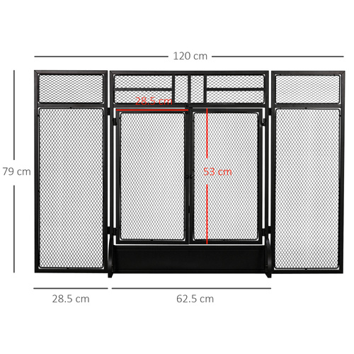 HOMCOM 3-Panel Folding Fireplace Screen with Door, Freestanding Spark Guard, Metal Mesh Fireguard, Black