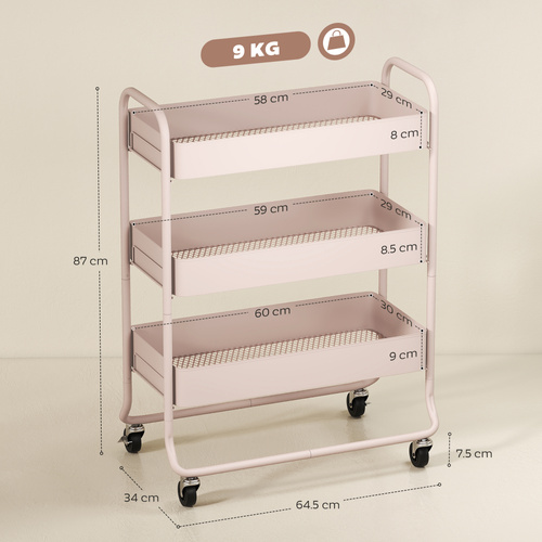 HOMCOM 3-Tier Storage Trolley on Wheels, Rolling Utility Cart with Mesh Backets for Kitchen, Bathroom, Bedroom, Light Pink