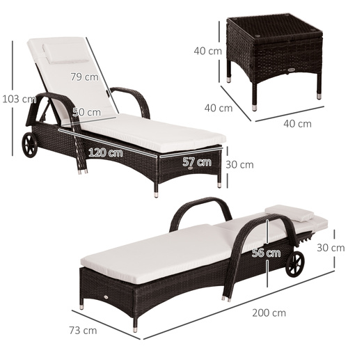 Outsunny Rattan Sun Loungers for Garden Set of 2 with Side Table, Garden Recliner Sunbeds with Adjustable Back, Wheels, Cushions and Headrest, 3 Pieces Garden Furniture Set for Outdoor, Patio, Brown