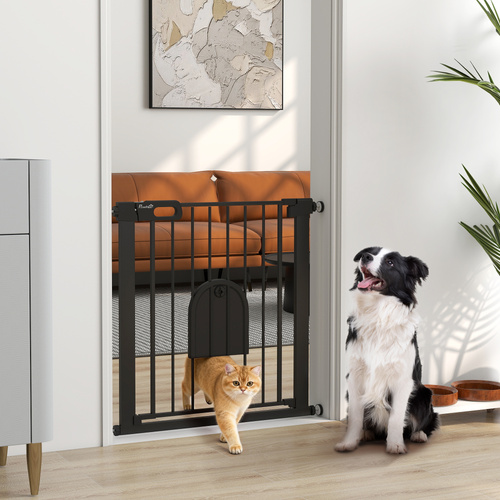 PawHut Dog Gate with Cat Flap Pet Safety Gate Barrier, Stair Pressure Fit, Auto Close, Double Locking, for Doorways, Hallways, 75-82 cm Black