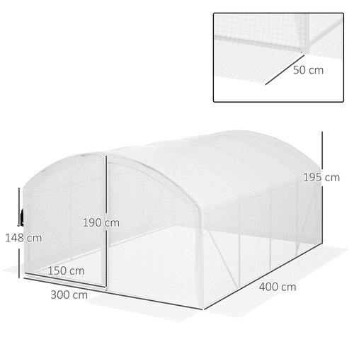 Outsunny Polytunnel Greenhouse Walk-in Grow House with UV-resistant PE Cover, Door, Galvanised Steel Frame, 4 x 3 x 2m, White