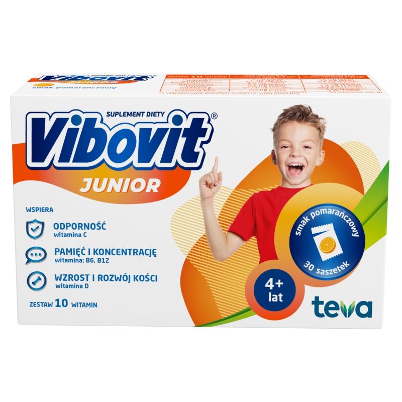 Vibovit Junior o Smaku Pomarańczowym Wspiera Rozwój Dziecka 4-12 Lat 30 Saszetek Best Before 30.11.24