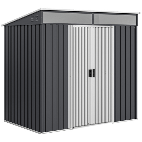 Outsunny 6.5 x 4FT Galvanised Metal Shed with Foundation Kit, Lockable Tool Garden Shed with Double Sliding Doors, Vents, Grey