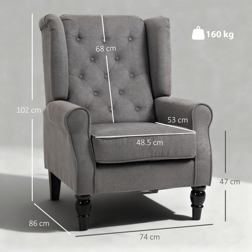 HOMCOM Retro Accent Chair, Snow Flannel Wingback Armchair with Wood Frame Button Tufted Design for Living Room Bedroom, Dark Grey