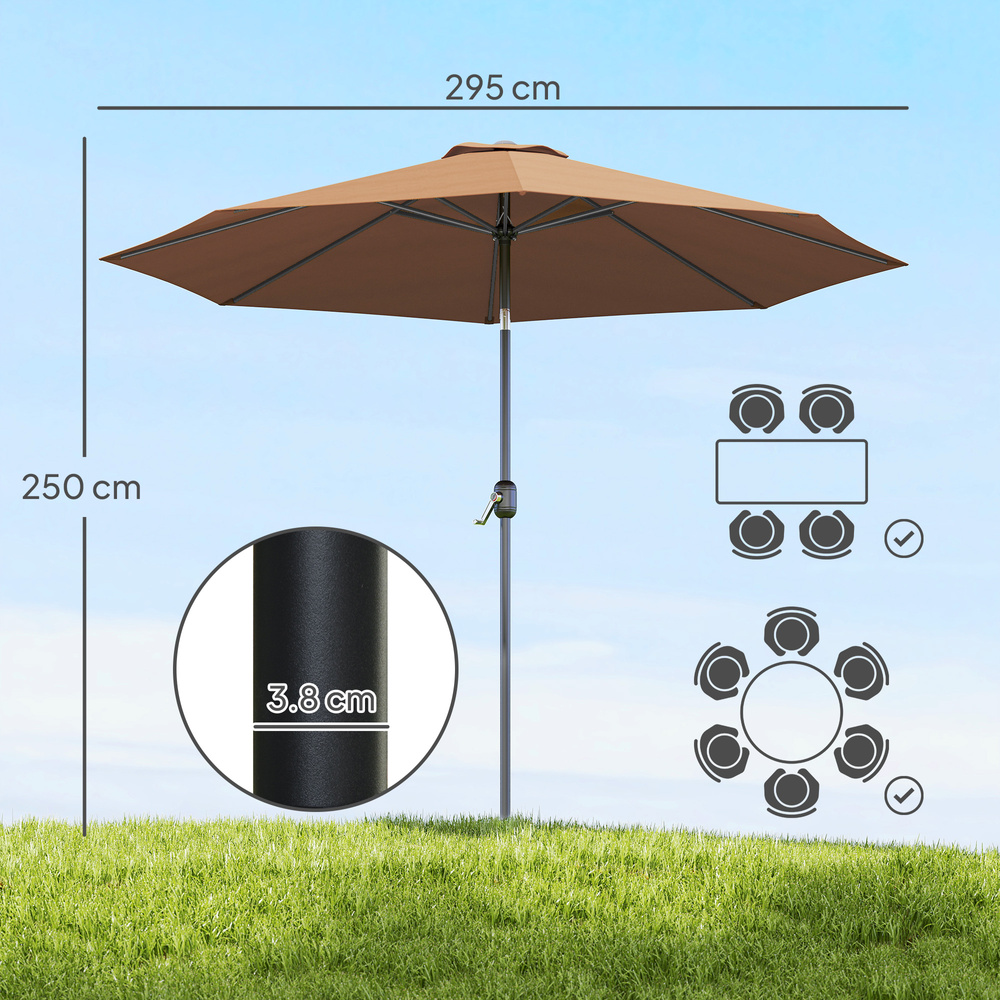 Outsunny 3(m) Tilting Parasol Garden Umbrellas, Outdoor Sun Shade with 8 Ribs, Tilt and Crank Handle for Balcony, Bench, Garden, Coffee