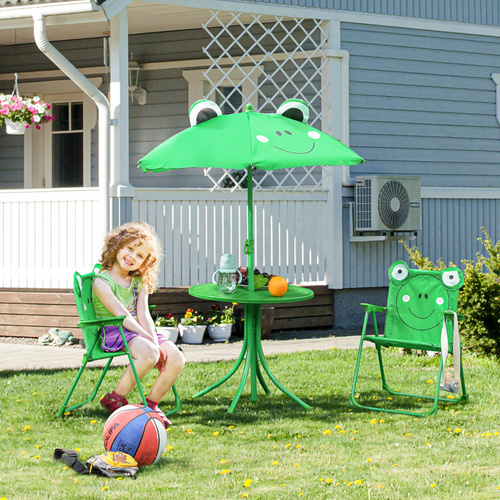 Outsunny Kids Folding Picnic Table Chair Set w/ Parasol, Green