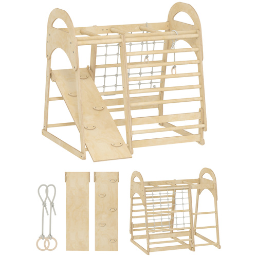 AIYAPLAY 6 in 1 Kids Climbing Frame with Slide, Monkey Bars, Gymnastics Rings, Ladder, Climbing Net, for 3-6 Years, Natural Tone
