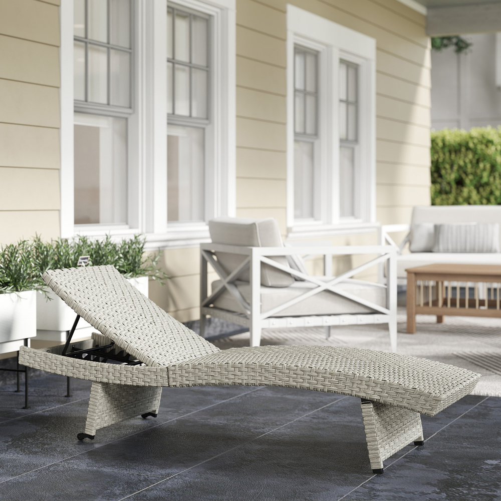 Outsunny Outdoor PE Rattan Sun Lounger, Folding Wicker Garden Lounger Recliner with 4-Level Adjustable Backrest, Rolling Sunbed Lounge Chair with Wheels, Non-Slip Legs for Balcony, Beach, Grey