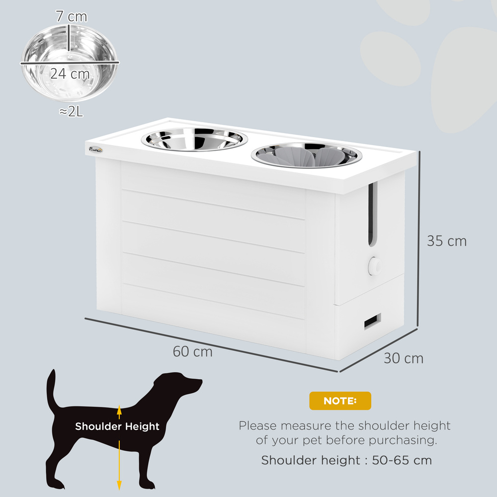 PawHut Raised Dog Bowls w/ Slow Feeder Mat, Storage Cabinet, Three Stainless Steel Bowls, Semi Auto Dispenser Function, White