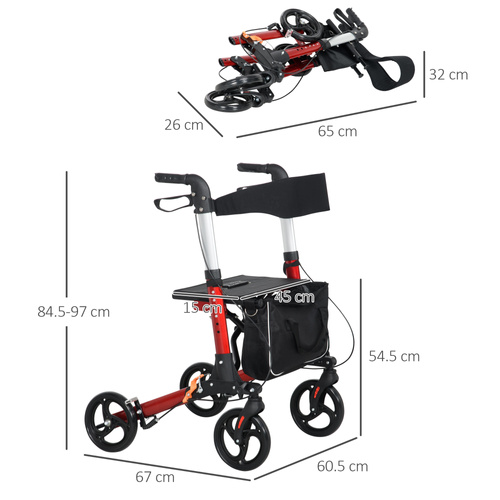 HOMCOM Folding Rollator Walker with 6 Adjustable Handle Height for People with Limited Mobility, Red
