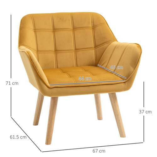 HOMCOM Armchair Accent Chair, Vanity Chair with Wide Arms, Slanted Back, Padding, Metal Frame, Wooden Legs, Home Bedroom Furniture Seating, Yellow