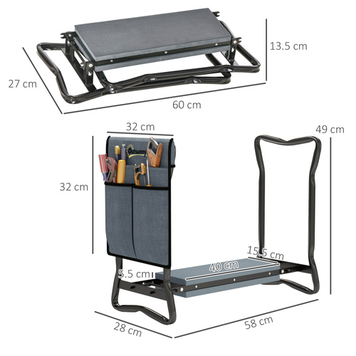 Outsunny Steel Frame Padded Garden Kneeler, with Tool Bag - Grey