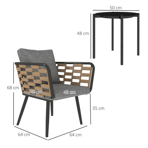 Outsunny 3 Pieces Rattan Bistro Set with Washable Seat and Back Cushions, Glass Top Coffee Table, for Outdoor, Patio, Black