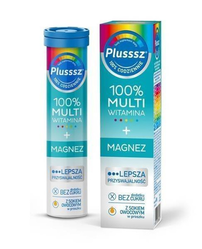 Plusssz 100% Multiwitamina + Magnez na Serce Układ Krążenia i Stres Tabletki Musujące o Smaku Mango Pomarańcza 20szt Best Before 28.11.26