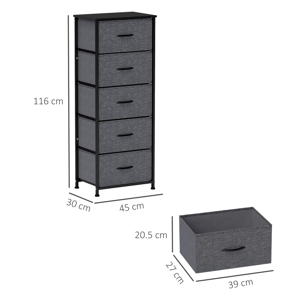 HOMCOM Fabric Chest of Drawers, Industrial Bedroom Dresser with 5 Fabric Drawers, Steel Frame and Wooden Top for Nursery, Living Room, Hallway, Dark Grey