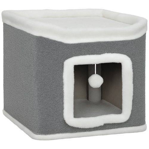 PawHut Cat House for Indoor Kittens, 2-Level Cat Cave Bed with Fluffy Balls, Top Bed, Kitten Barrel for Multi Kitties, Grey