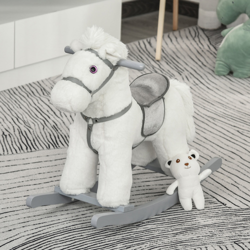 HOMCOM Kids Plush Ride-On Rocking Horse Toy Rocker with Plush Toy Realistic Sounds for Child 18-36 Months White