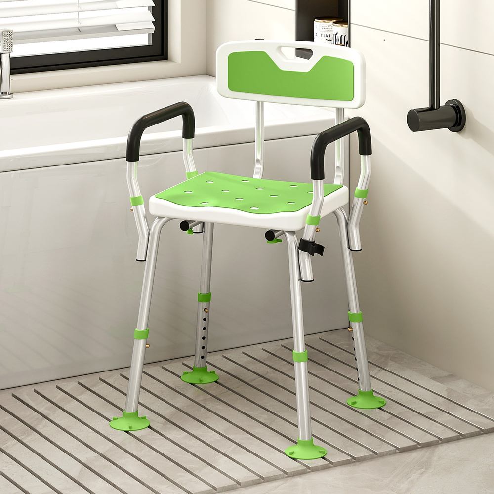 HOMCOM EVA Padded Shower Chair for the Elderly and Disabled, Height Adjustable Shower Stool with Back and Arms, 4 Suction Foot Pads, Green