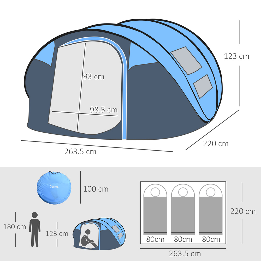 Outsunny 4 Person Pop-up Camping Tent Family Tent with Ground Sheet, 4 Windows and Portable Carry Bag for Beach Outdoor Trip, Sky Blue