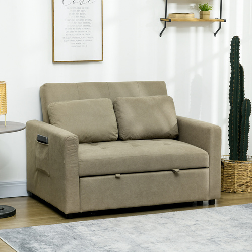 HOMCOM Loveseat Sofa Bed, Convertible Bed Settee with 2 Pillows, Side Pockets, Light Brown