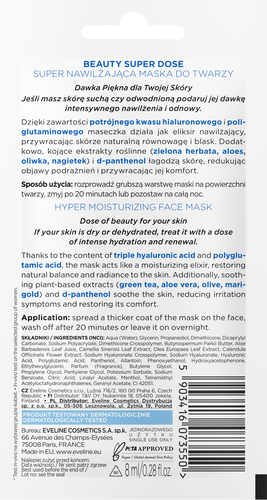 Eveline Beauty Super Dose Moisturizing Hyaluronic Acid Mask 8ml