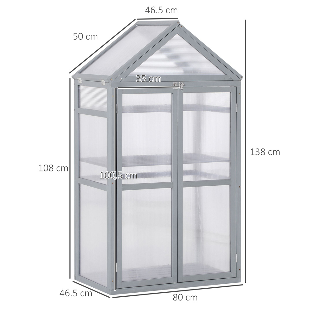 Outsunny Garden Cold Frame Polycarbonate Greenhouse with Adjustable Shelves, Double Doors, Openable Top Covers, Grow House for Flower Vegetable Plants, 80 x 47 x 138cm, Grey