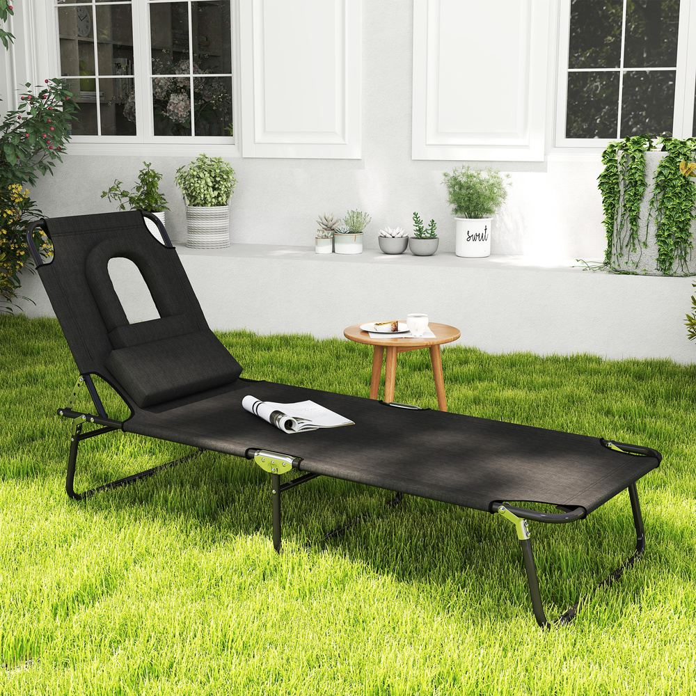 Outsunny Outdoor Folding Sun Lounger with Face Hole, 4 Level Adjustable Backrest Reclining Garden Lounger, Garden Recliner Sunbed with 600 D Oxford Cloth Seat and Pillow for Beach, Black