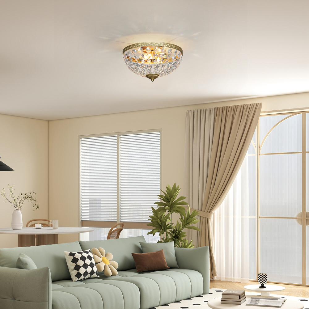 HOMCOM Crystal Chandelier Ceiling Light with 168 Octagonal Beads, Vintage 2-Light Flush Mount Ceiling Light for Living Room, Bedroom, Hallway, Dining Room, Gold Tone