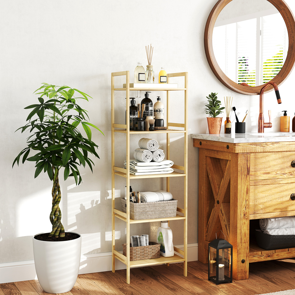 HOMCOM 5-Tier Bamboo Bathroom Storage Shelf, Freestanding Shelving Unit with Adjustable Rack for Kitchen Bathroom Living Room, Natural Wood Finish
