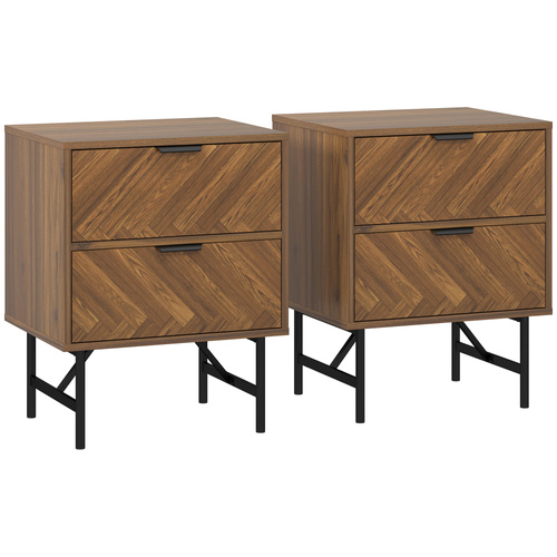 HOMCOM Bedside Table Set of 2 with 2 Drawers, Modern Side Tables with Herringbone Pattern and Metal Legs for Bedroom, Living Room, Walnut Brown