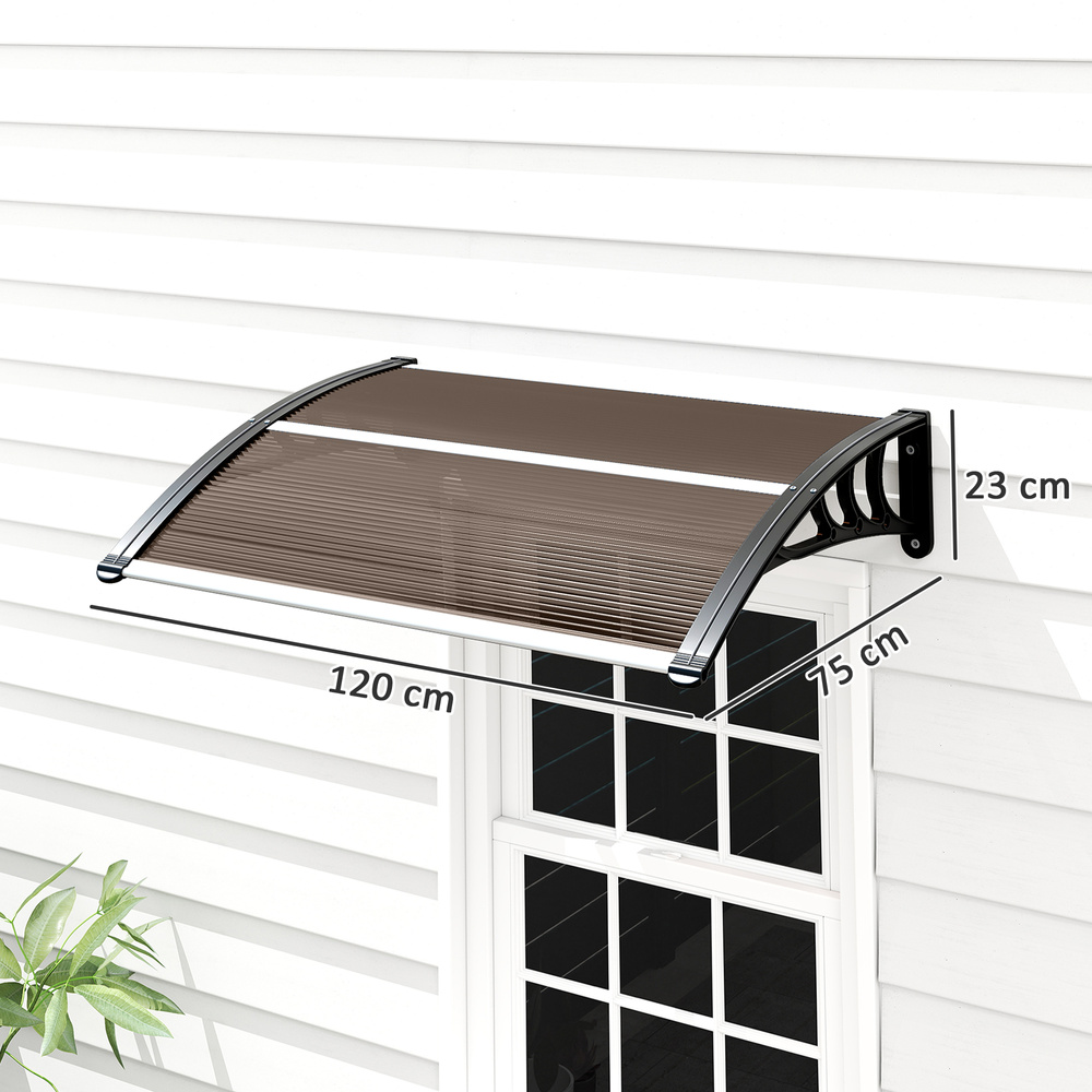 Outsunny Front Door Canopy Outdoor Awning Aluminium Rigid Plastic Polycarbonate Rain Shelter UV Water Rain Resistant 120 x 75cm Brown