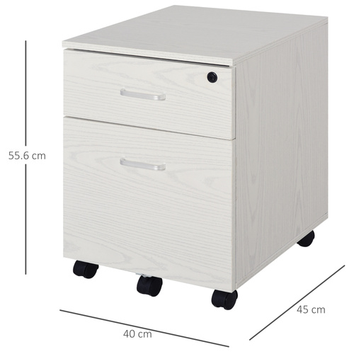 Vinsetto 2-Drawer Locking Office Filing Cabinet w/ 5 Wheels Rolling Storage Hanging A4 Cupboard Home Organisation White Wood Grain