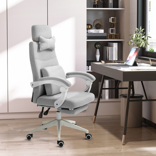 Vinsetto Office Chair, High Back Fabric Work Chair with 160° Reclining Backrest, Retractable Footrest, Neck and Lumbar Pillow, Light Grey