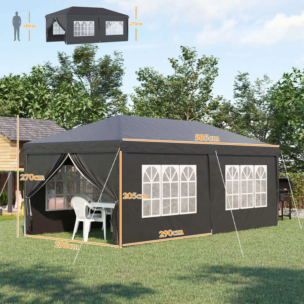 Outsunny 3 x 6 m Pop Up Gazebo with Sides and Windows, Height Adjustable Wedding Camping Party Tent Canopy Marquee with Storage Bag for Garden, Event, Black
