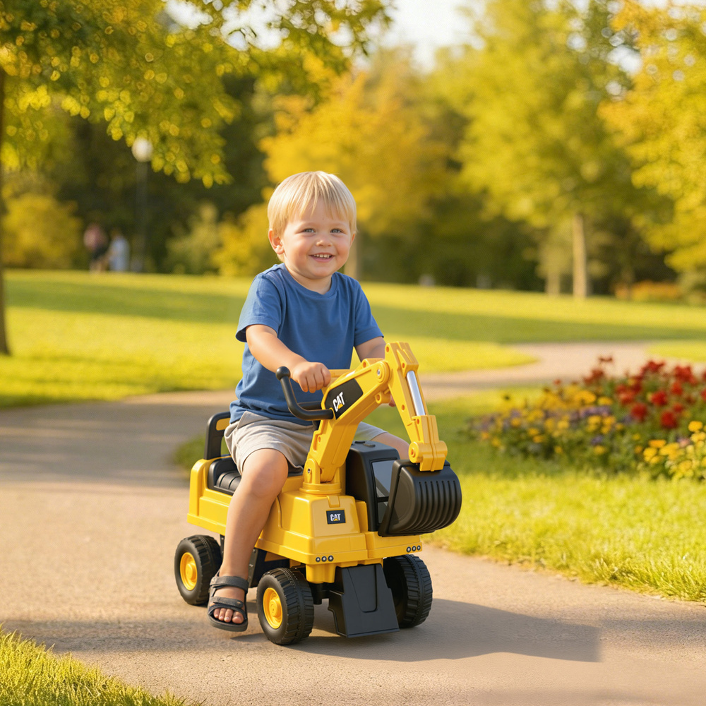 HOMCOM CAT Licensed Kids Ride on Digger Toddler Pretend Construction Play Toy Foot-To-Floor Ride-On Toy w/ Manual Shovel, Horn, Hidden Storage, for Ages 1-3 Years