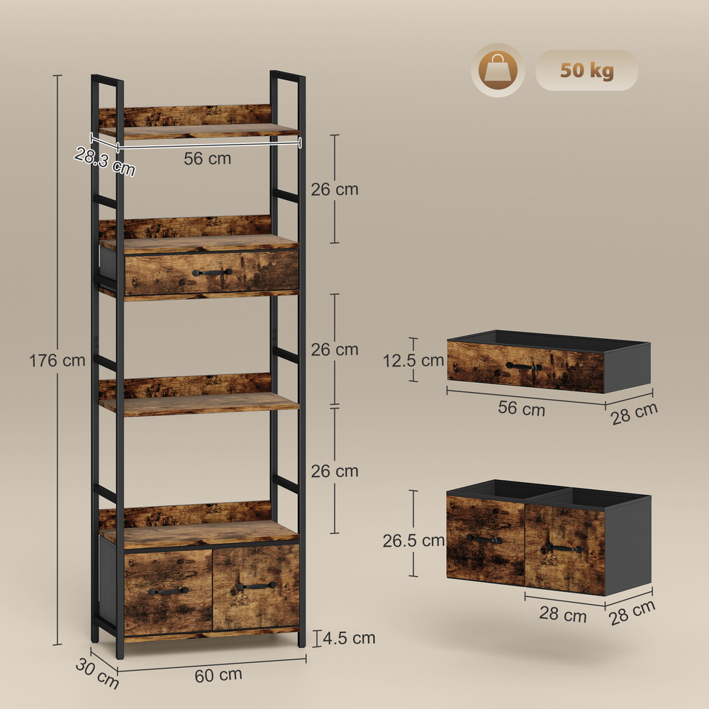 HOMCOM Industrial Style Bookcase, with 4 Shelves and 3 Fabric Drawers - Brown/Black