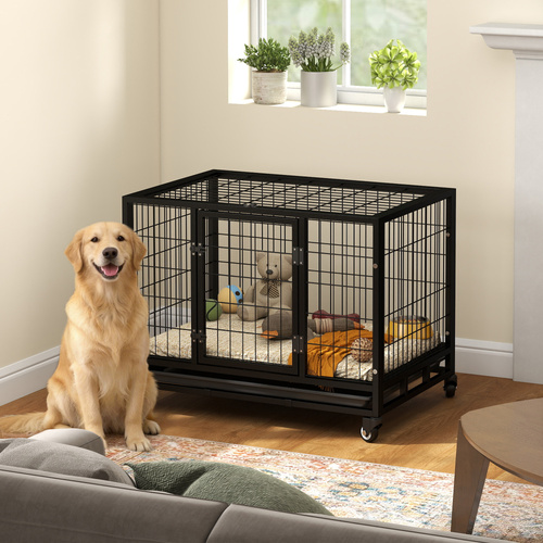 PawHut 36" Heavy Duty Metal Dog Crate Pet Cage with Tray Wheeled Dog Kennel - Black (Medium)