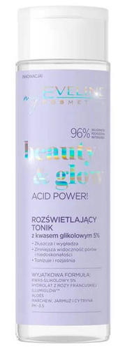 Eveline Beauty & Glow Acid Power! Rozświetlający Tonik z Kwasem Glikolowym 5% do Każdego Typu Cery 200ml