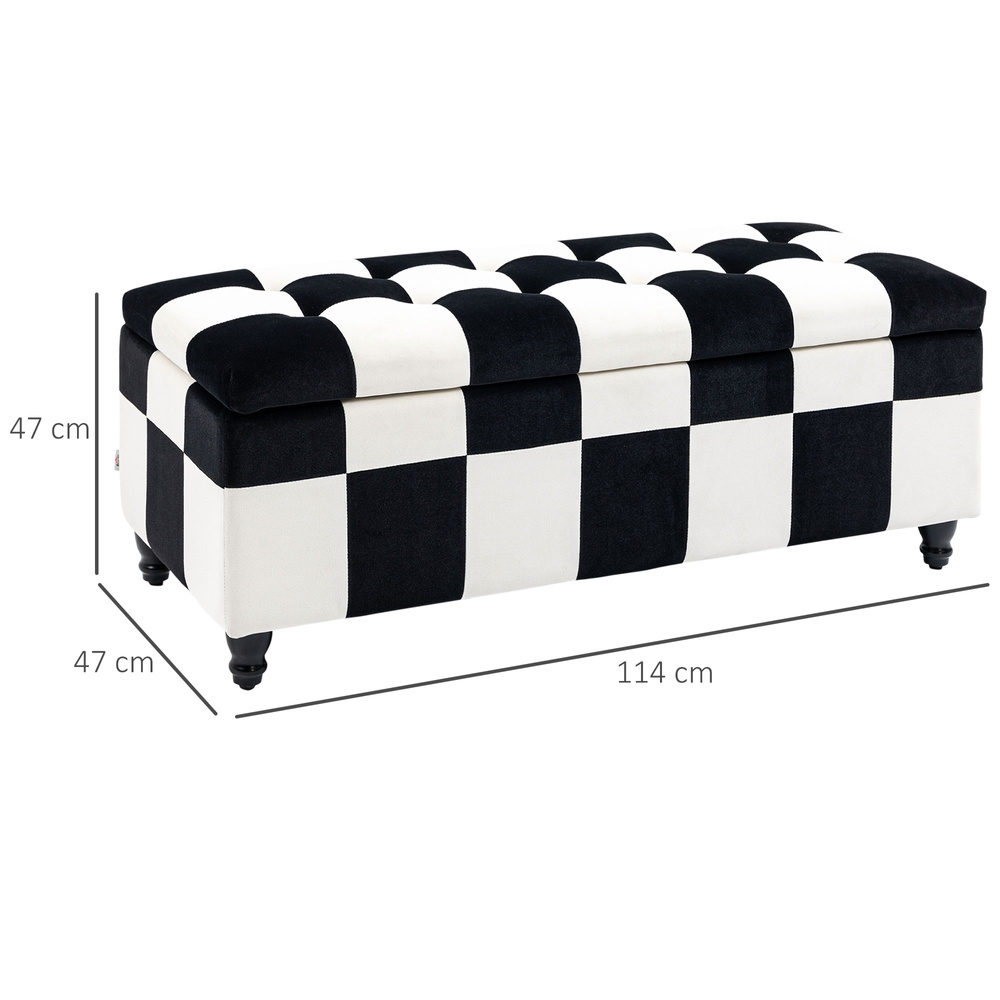 HOMCOM Storage Ottoman, Storage Bench with Wood Legs, Footstool, Footrest with Velvet Surface for Bedroom, Hallway, Living Room, 114 x 47 x 47 cm, White and Black