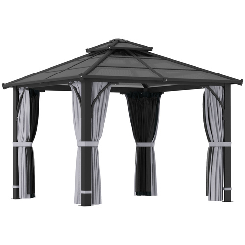 Outsunny 3 x 3(m) Hardtop Gazebo Canopy with 7mm Polycarbonate Double-Tier Roof, Garden Gazebo Permanent Pavilion with Mosquito Netting and Curtains for Patio, Deck, Dark Grey