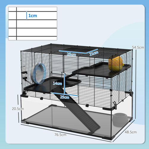 PawHut 3 Tiers Hamster Cage, Gerbil Cage with Deep Glass Bottom, Non-Slip Ramps, Platforms, Hut, Exercise Wheels, Water Bottle, Dish, for Syrian Hamster, Dwarf Hamster, 76.5 x 48.5 x 54.5cm