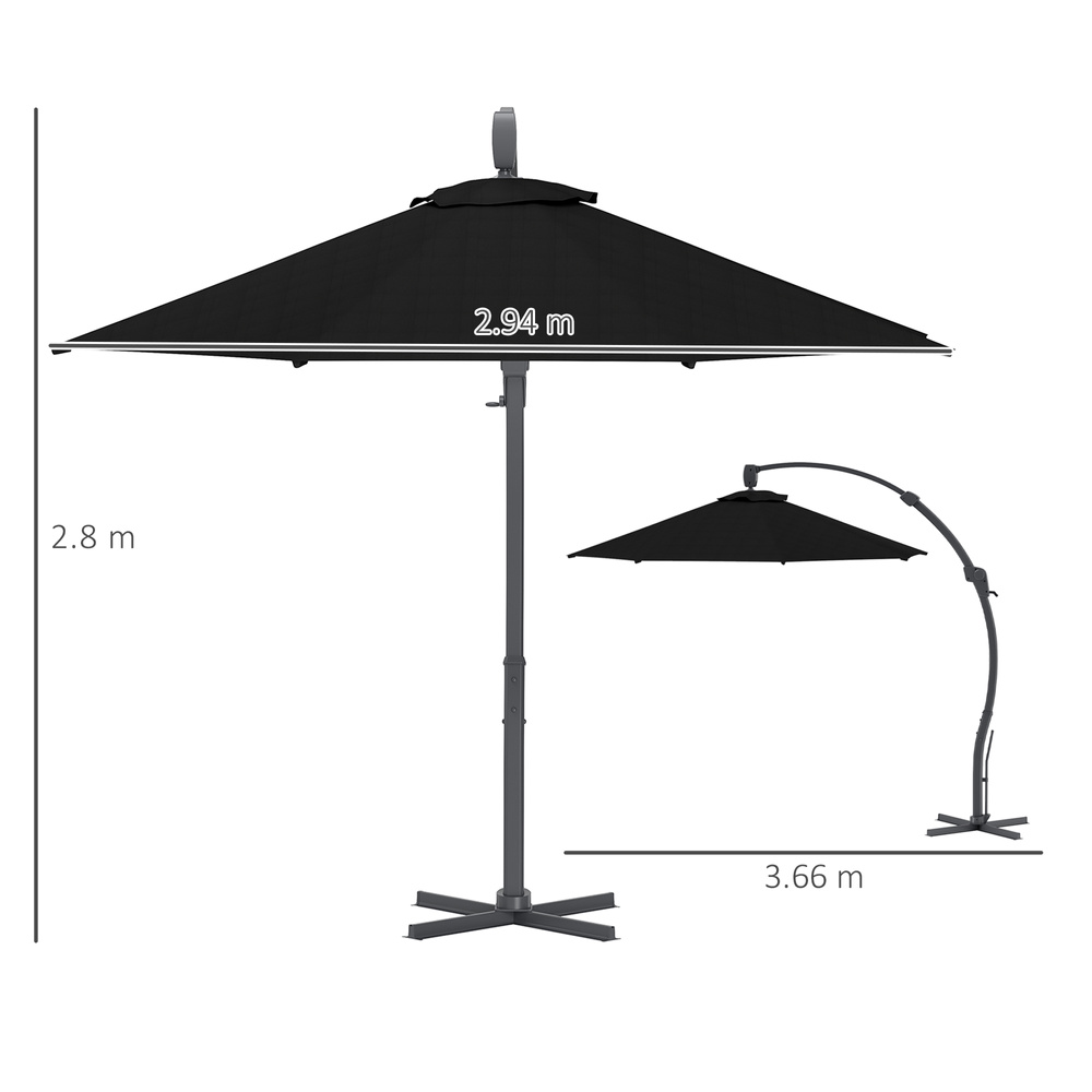 Outsunny 3(m) Garden Cantilever Parasol, Round Overhanging Umbrella with Crank Handle, Cross Base, Aluminium Frame and 360° Rotation, Banana Patio Umbrella for Outdoor Sun Shade, Black