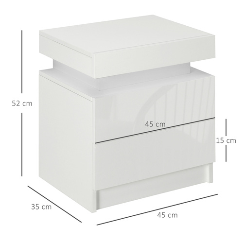 HOMCOM Set of 2 White Bedside Tables with LED Lights, High Gloss Front Nightstands with 4 Drawers