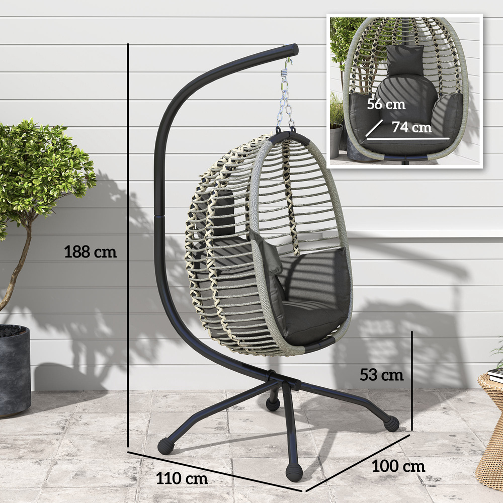 Outsunny Outdoor Swing Chair with Thick Padded Cushion, Patio Hanging Egg Chair with Metal Stand, Foldable Basket, Cup Holder, Rope Structure for Indoor & Outdoor, Dark Grey