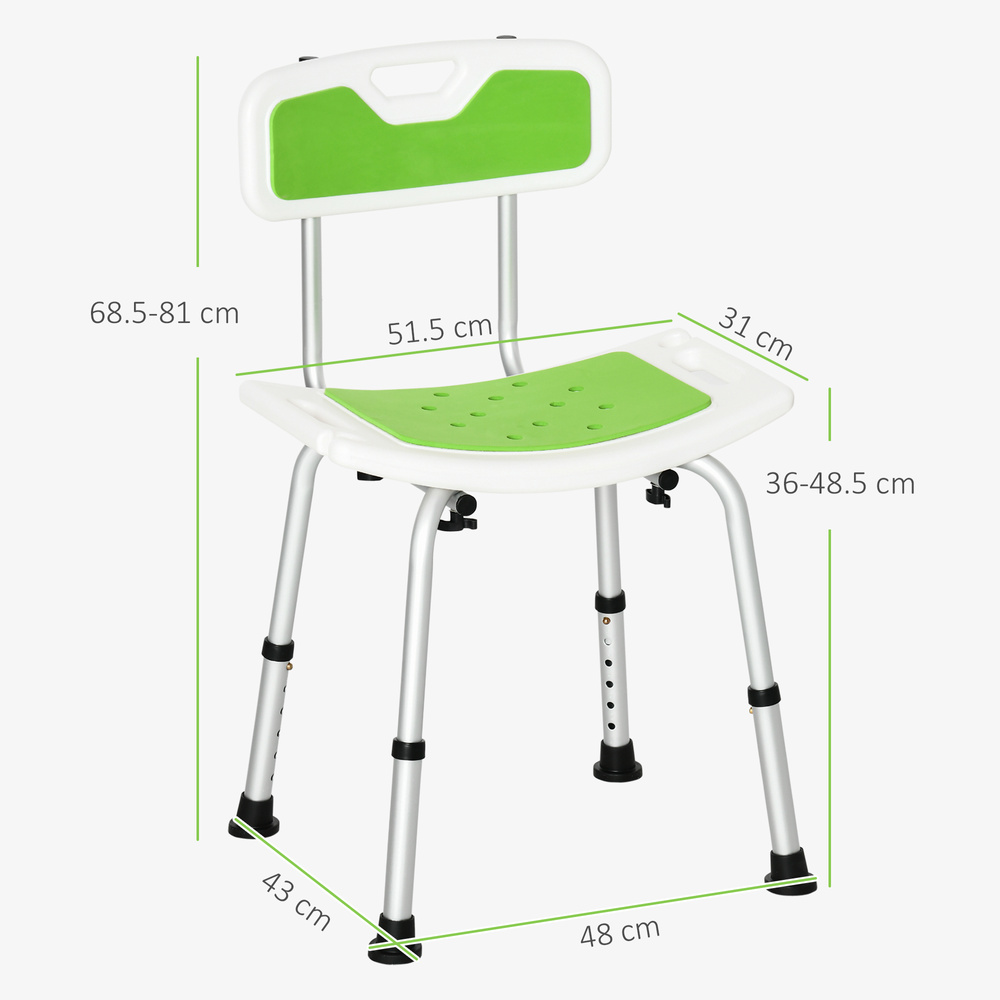 HOMCOM Shower Stool with Backrest, Height Adjustable Shower Chair with Anti-slip Foot Pads, Shower Head Holder, Green