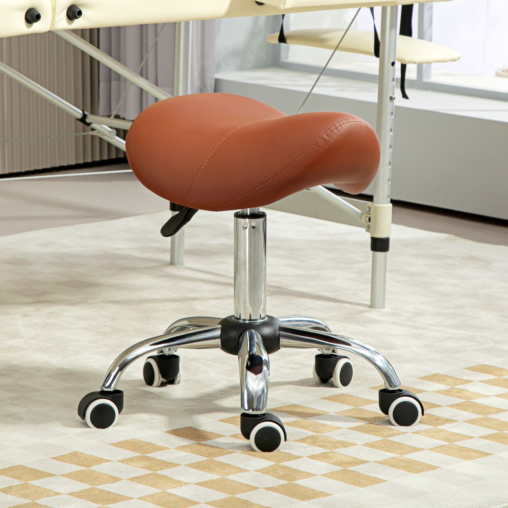 HOMCOM Saddle Stool, Height Adjustable Salon Chair for Massage Spa, Faux Leather, Brown