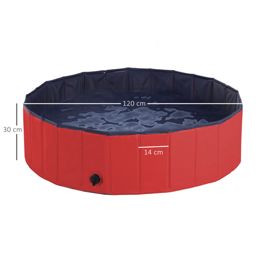 PawHut Dog Paddling Pool, Foldable Dog Pool, Leakproof & Hard Plastic, Portable Pet Bathtub with Non-Slip Base & Drainage Hole, for Indoors, Outdoors, Garden, Patio, 120 x 30 cm, Red