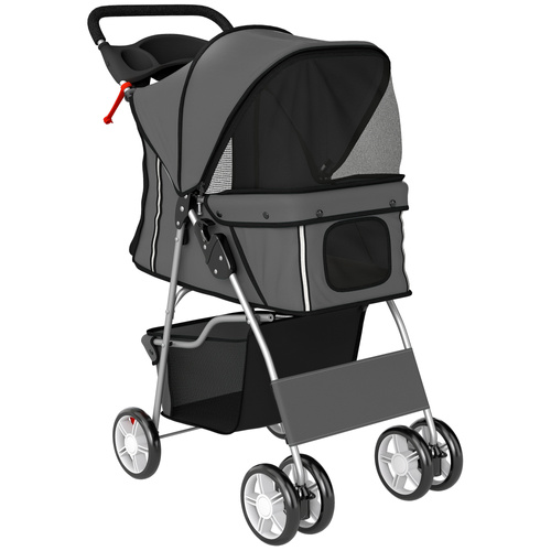 PawHut Dog Pram, Pet Stroller with Reflective Strips, Foldable Cat Stroller with 360° Swivel Wheels, Dark Grey
