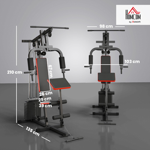 HOMCOM Multigym Station, with 66KG Weight Stack, for Strength Training - Red & Black