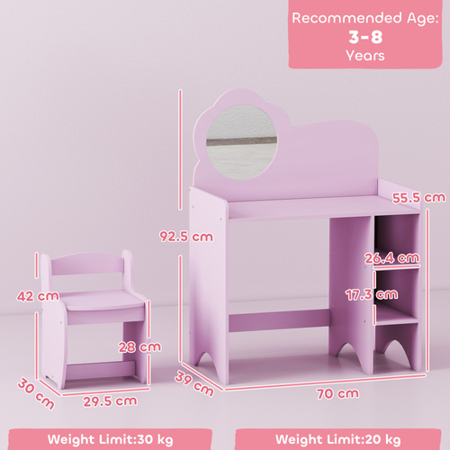 AIYAPLAY Kids Dressing Table with Mirror, Stool, Kids Vanity Table with Shelves, for Ages 3-8 Years, Purple